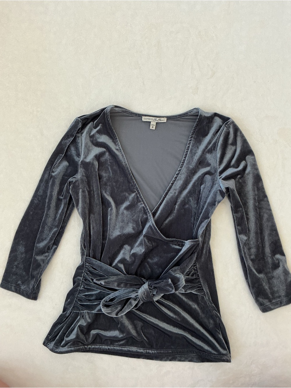 Express One Eleven Gray/Blue Velvet Wrap Top Women's Medium Tie Waist Velour